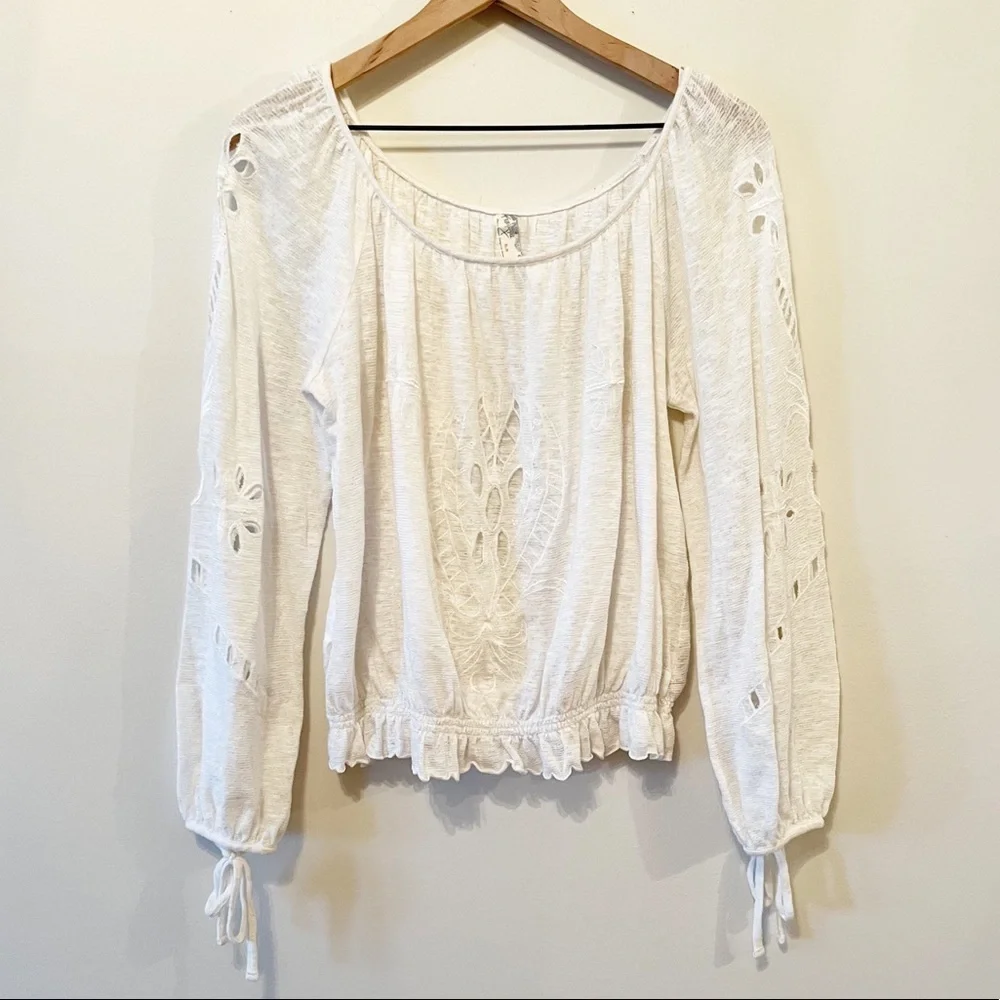 Free People Long Sleeve Ivory Cut Out And Embroidered Top Size Medium